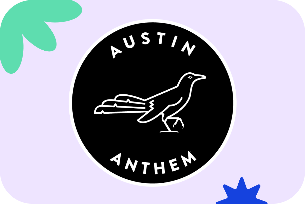 Austin Anthem logo – a black circular badge with a white grackle silhouette, on a light purple EmailOctopus background.