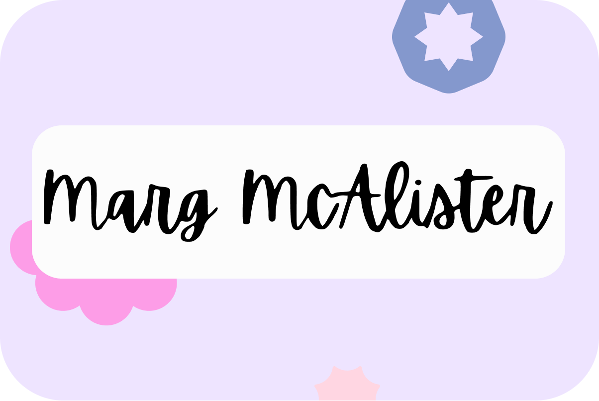 Marg McAlister's logo in black script lettering, on a light purple EmailOctopus background.