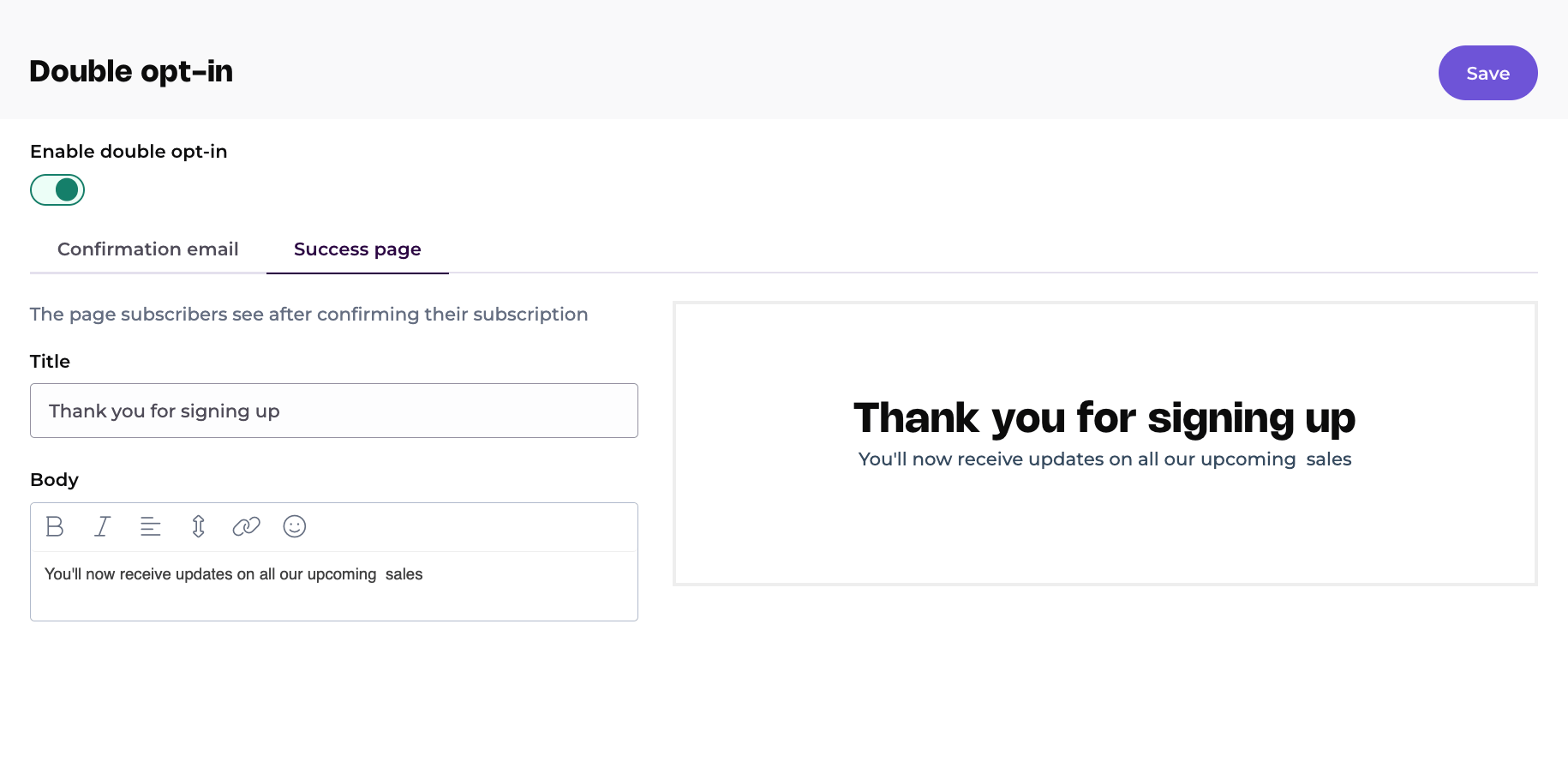 Double opt-in success page