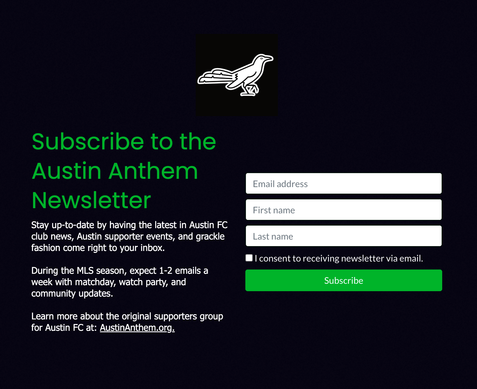 Austin Anthem newsletter landing page with a grackle logo, a headline reading "Subscribe to the Austin Anthem Newsletter," and a sign-up form with fields for email, first name, and last name.