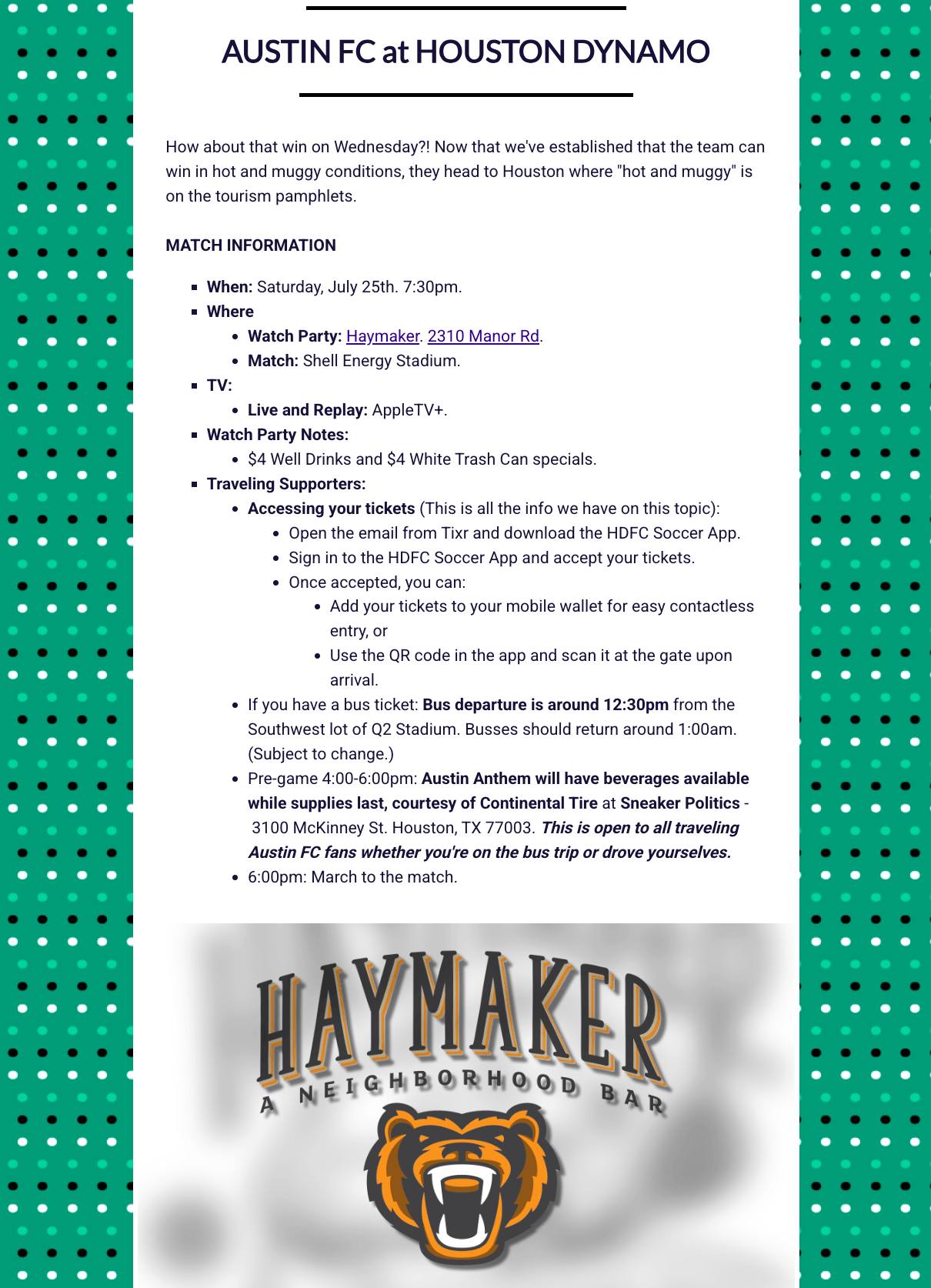 Austin Anthem email newsletter for an Austin FC away match against Houston Dynamo, listing watch party details, traveling supporter info, and a Haymaker bar logo.