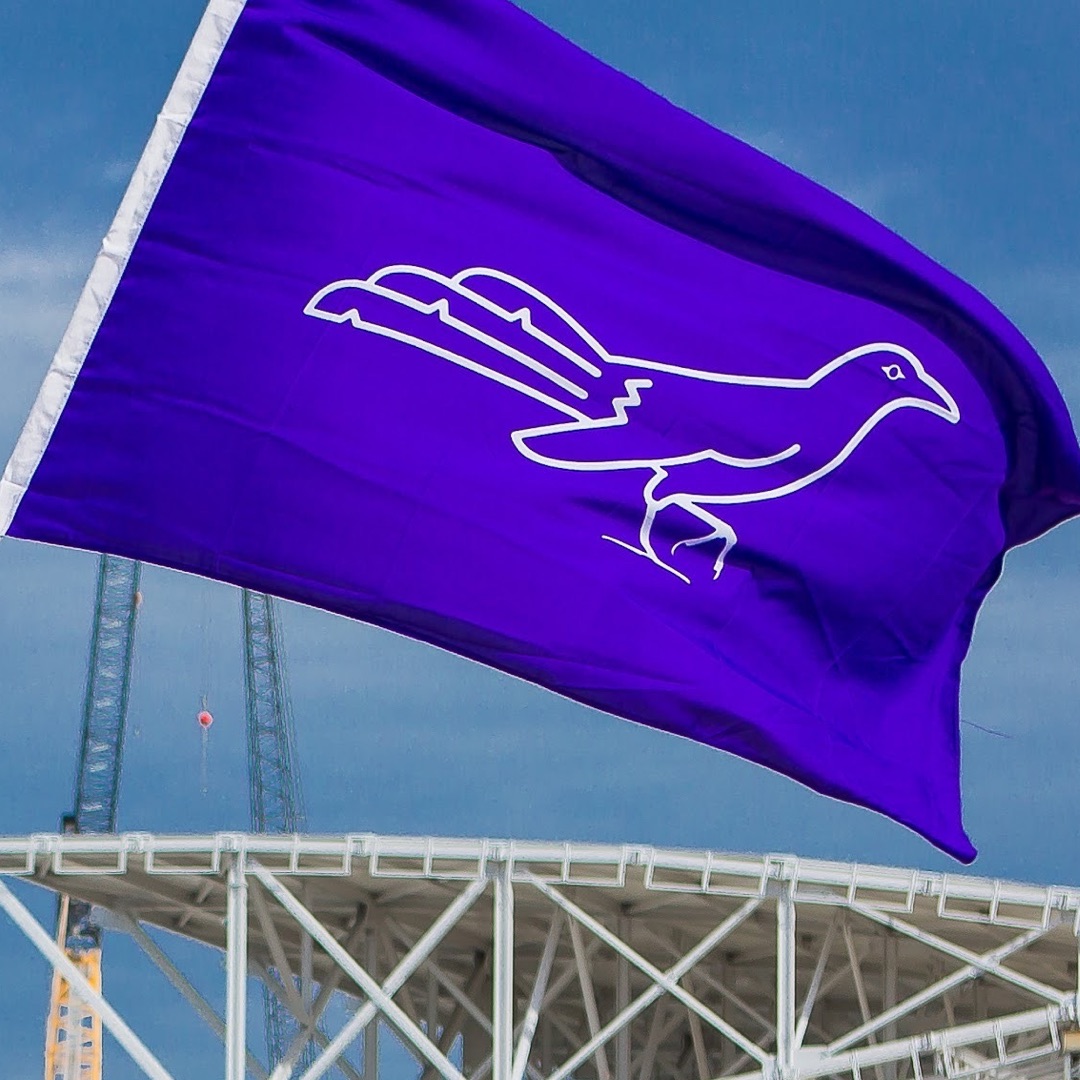 A purple flag with a white grackle bird silhouette waving in the wind.