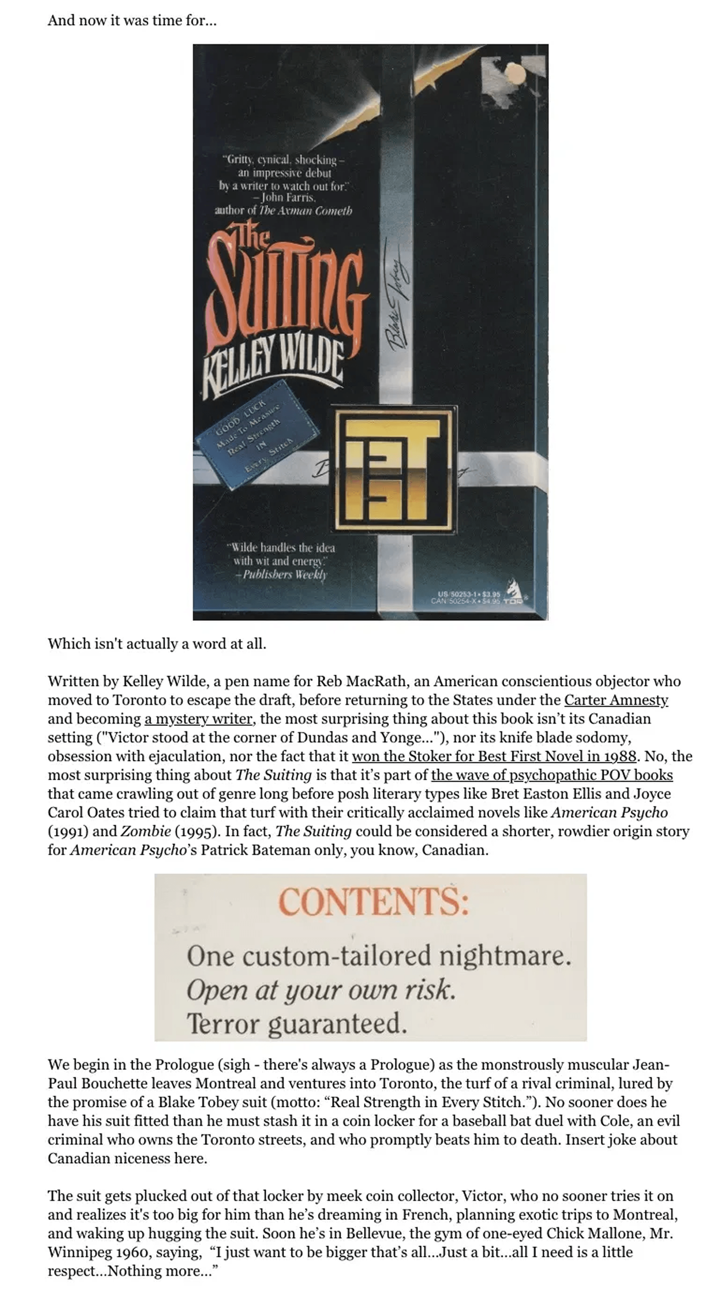 A screenshot of Grady Hendrix's Paperbacks From Hell newsletter, issue no. 95, featuring a review of The Suiting by Kelley Wilde, a pen name for Reb MacRath.