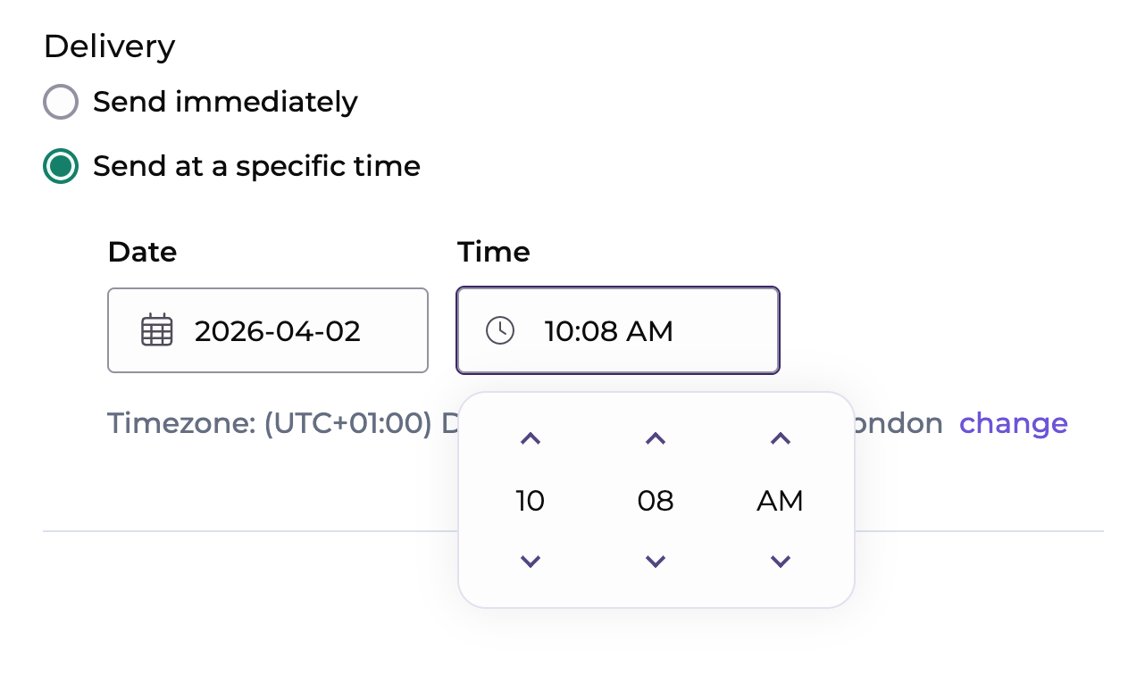 Campaign scheduling UI with date and time picker set to 10:08 AM on 2 April 2026