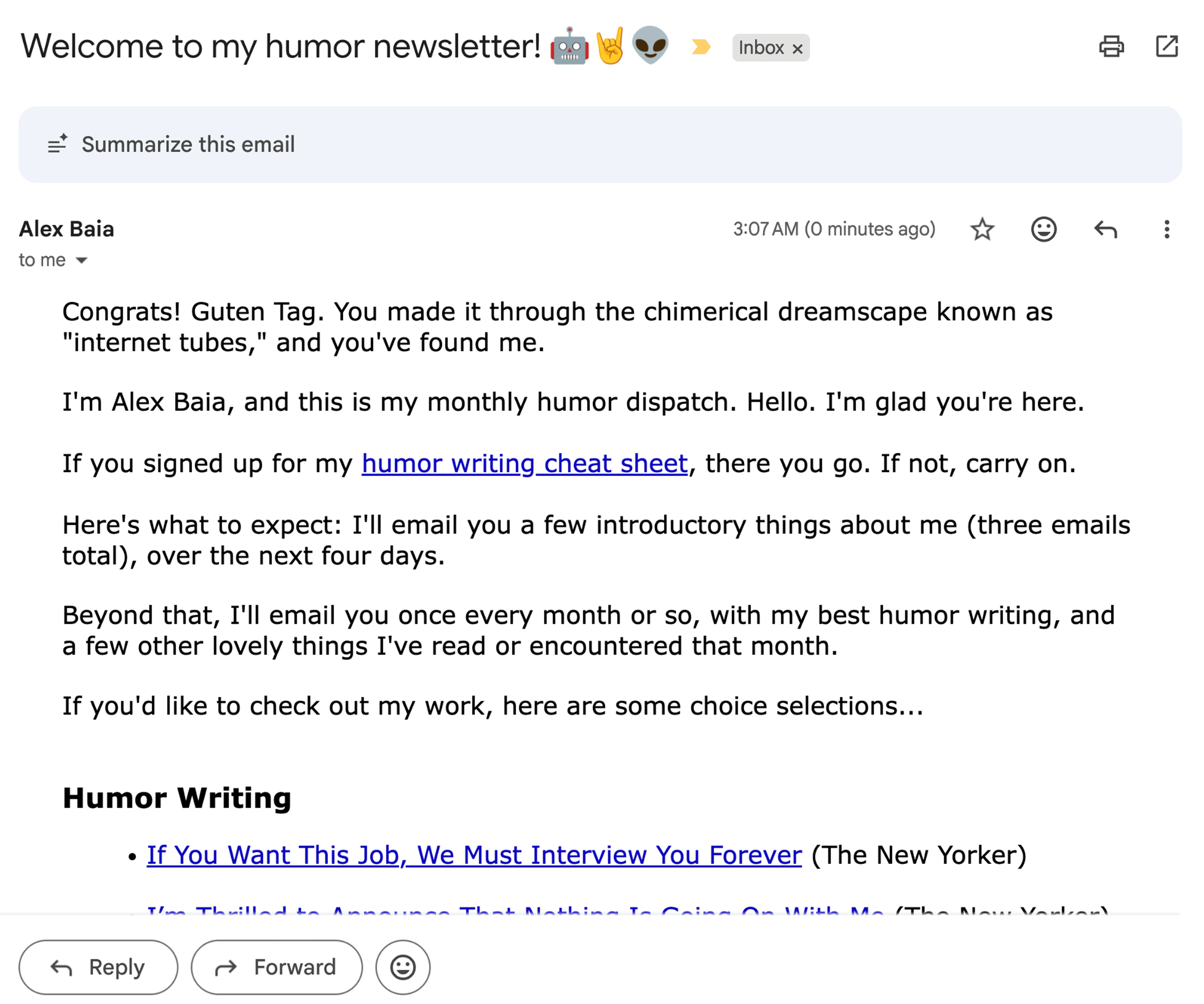 Screenshot of Alex Baia's welcome email seen in Gmail inbox.