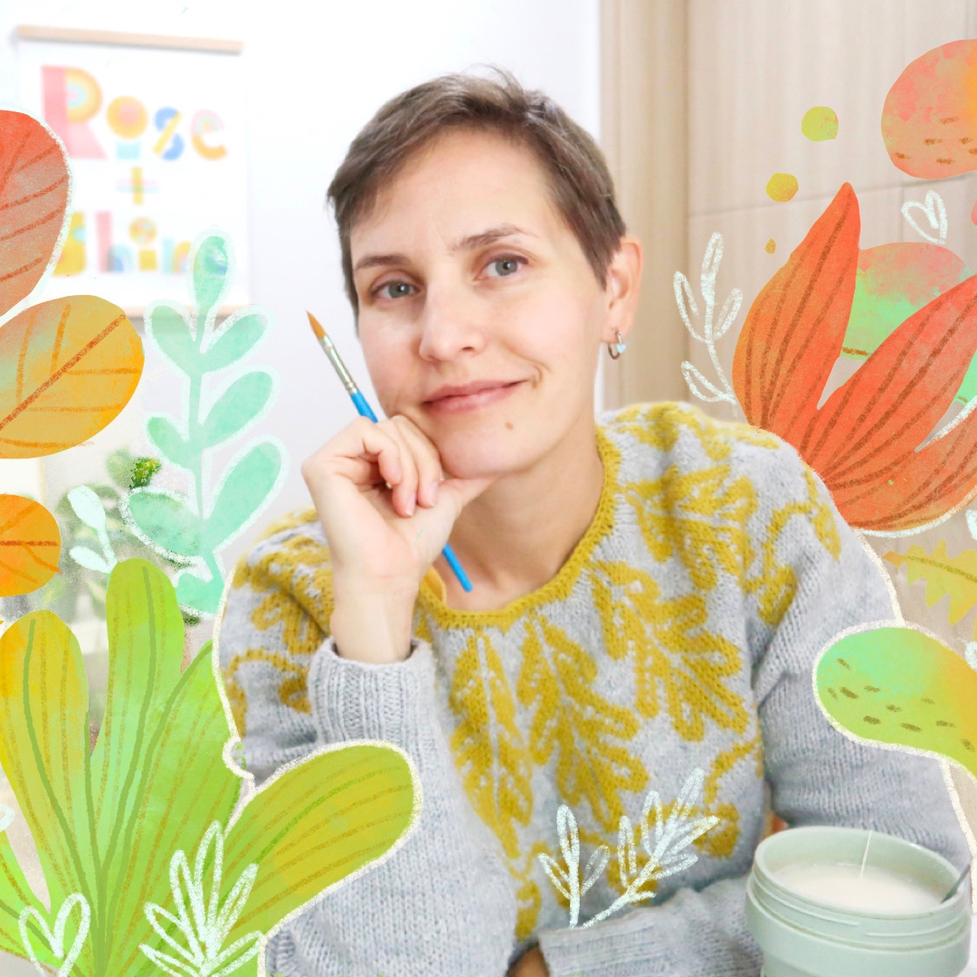 Photo of Mirka Hokkanen with illustrated pieces