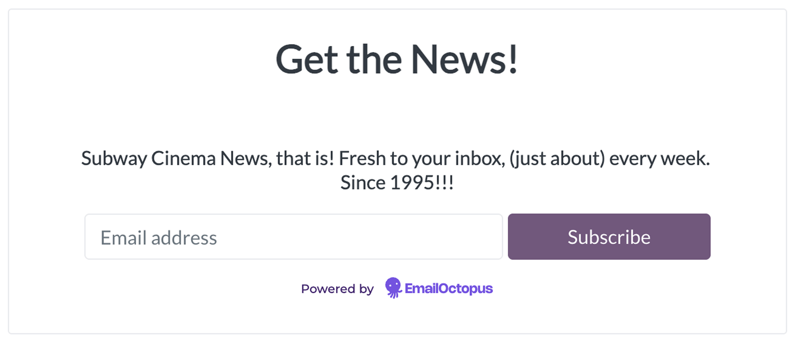 Subway Cinema's EmailOctopus sign-up form.