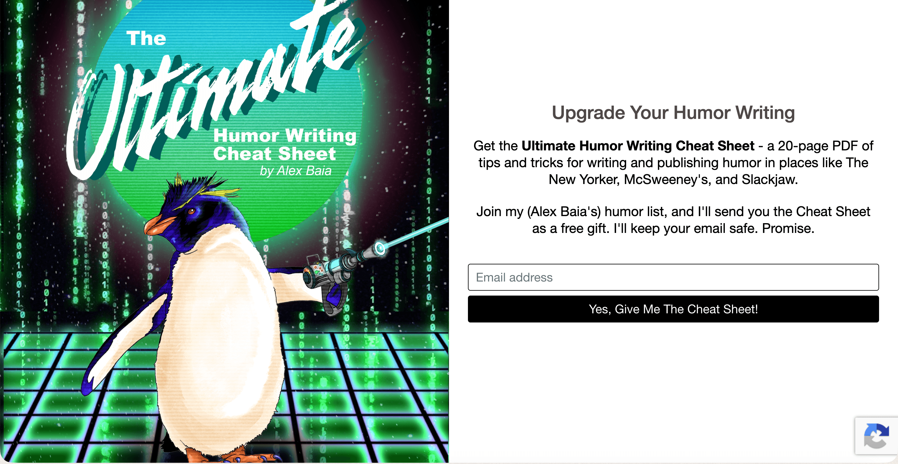Screenshot of Alex Baia's humour writing cheat sheet landing page.