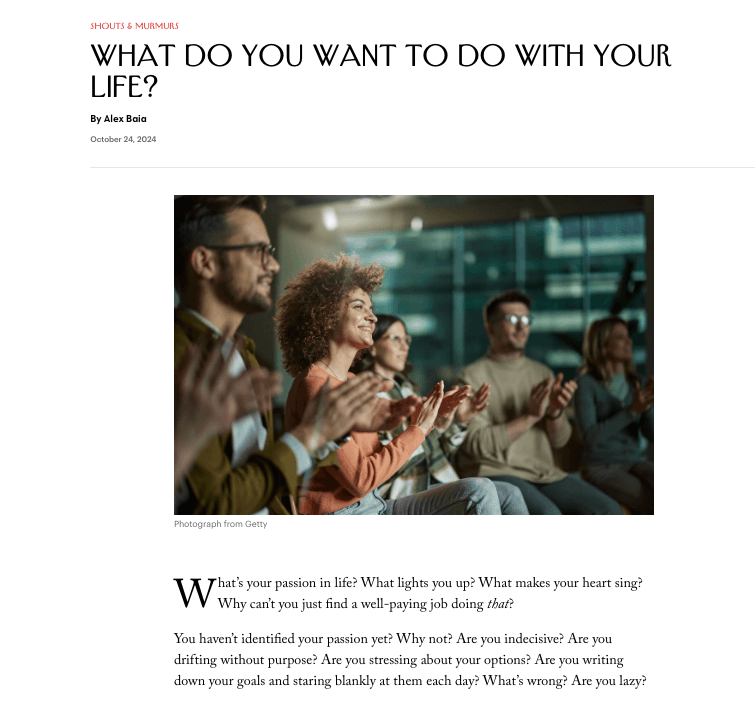 Screenshot of The New Yorker article titled "What Do You Want to Do with Your Life? By" by Alex Baia.