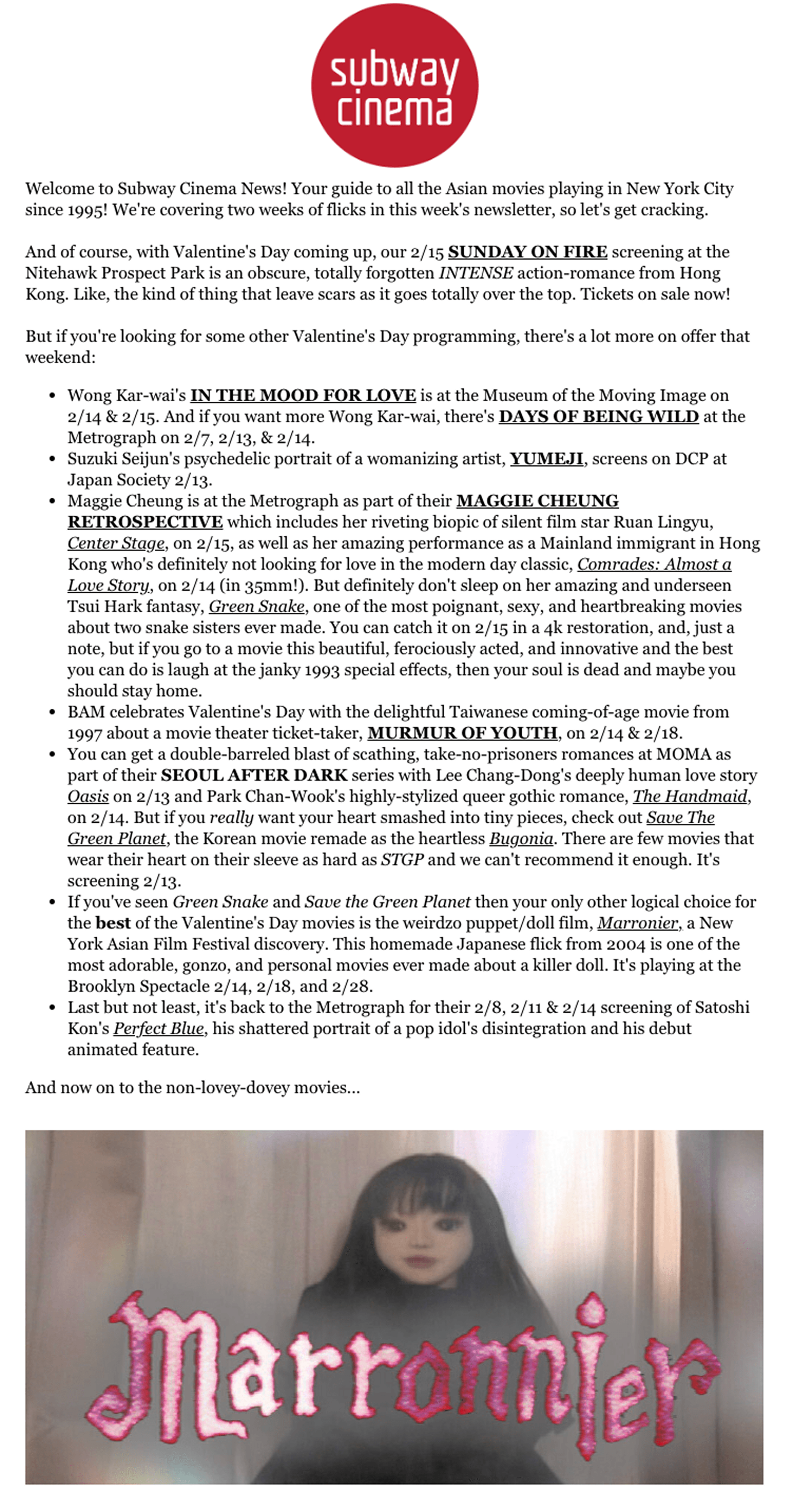 A screenshot of the Subway Cinema News newsletter, featuring event listings for Asian films playing in New York City.