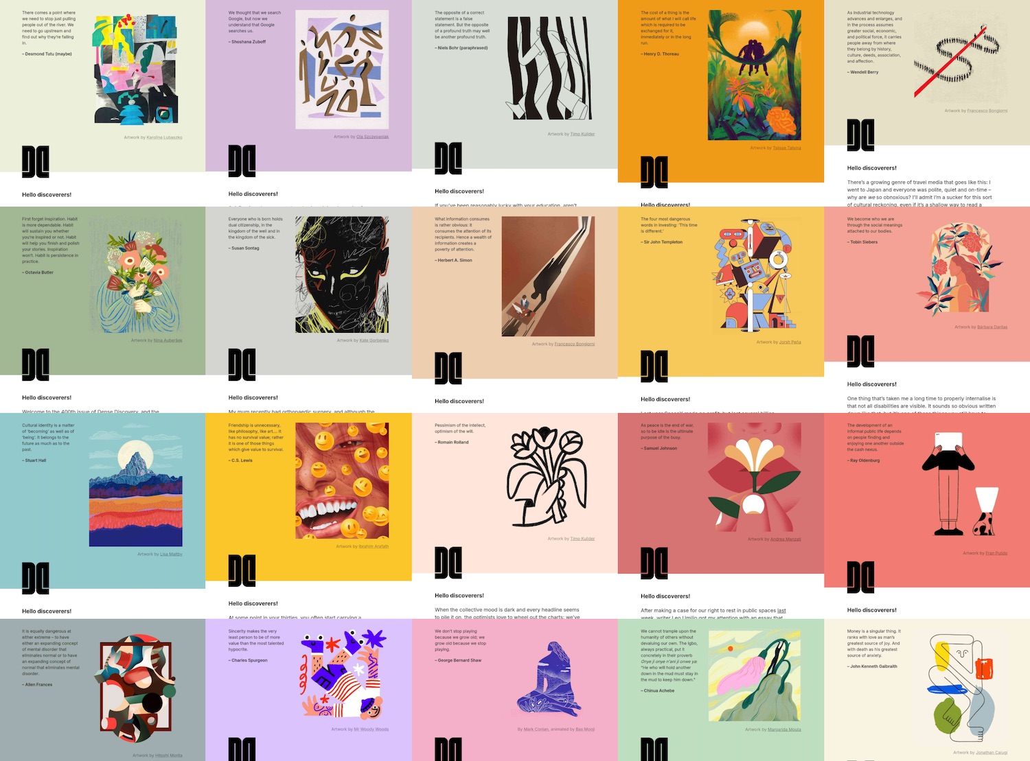 Grid of twenty newsletter issue headers. Each one pairs a short quote on the left with a differently styled illustration on the right, on a different pastel or bold background colour, with a black logo and the greeting "Hello discoverers!" below.