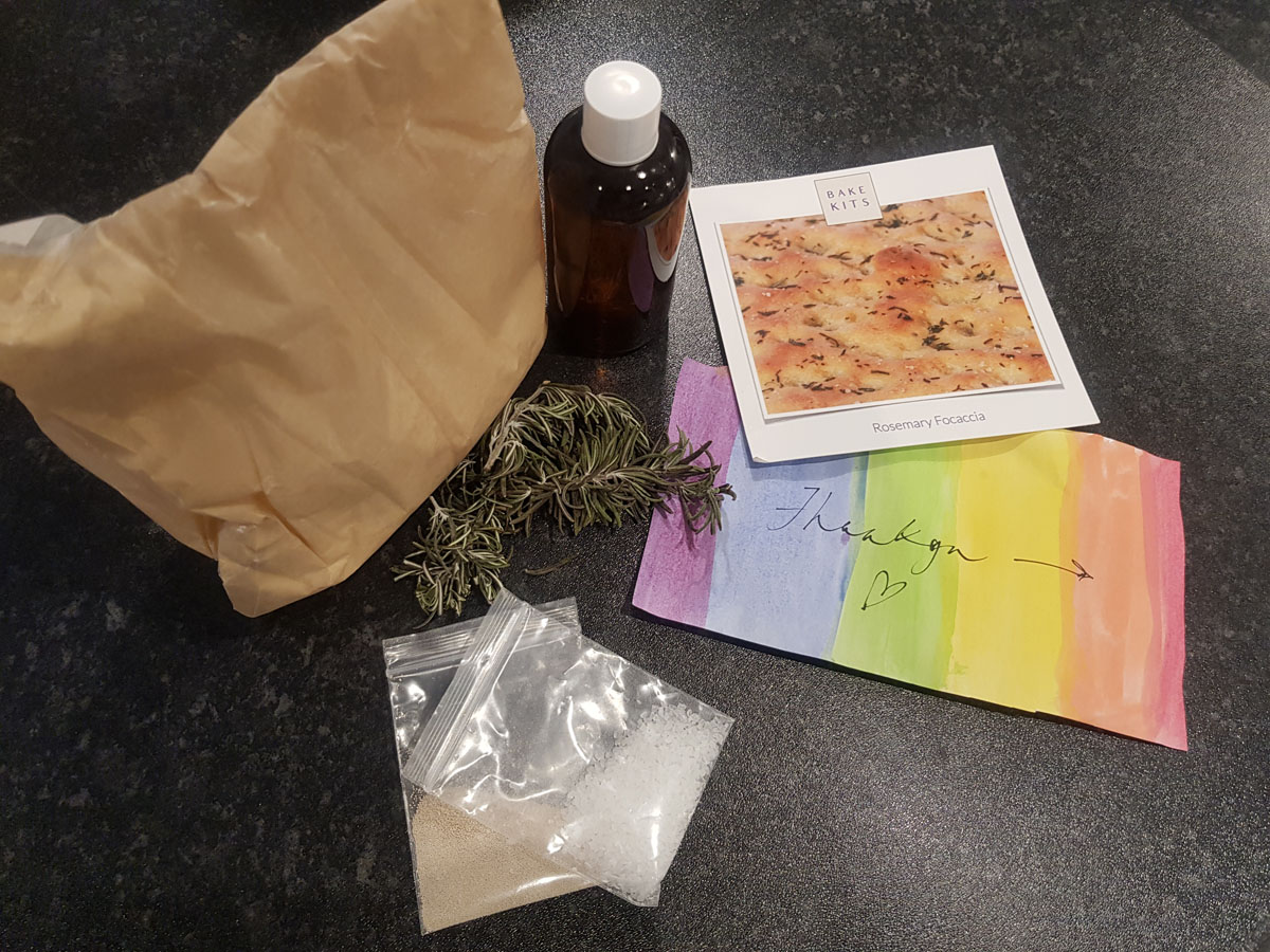 The hand-packaged focaccia bake kit with all the non-perishable ingredients you need