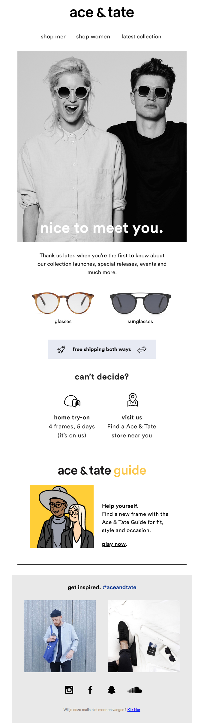 Example of a welcome email from Ace & Tate