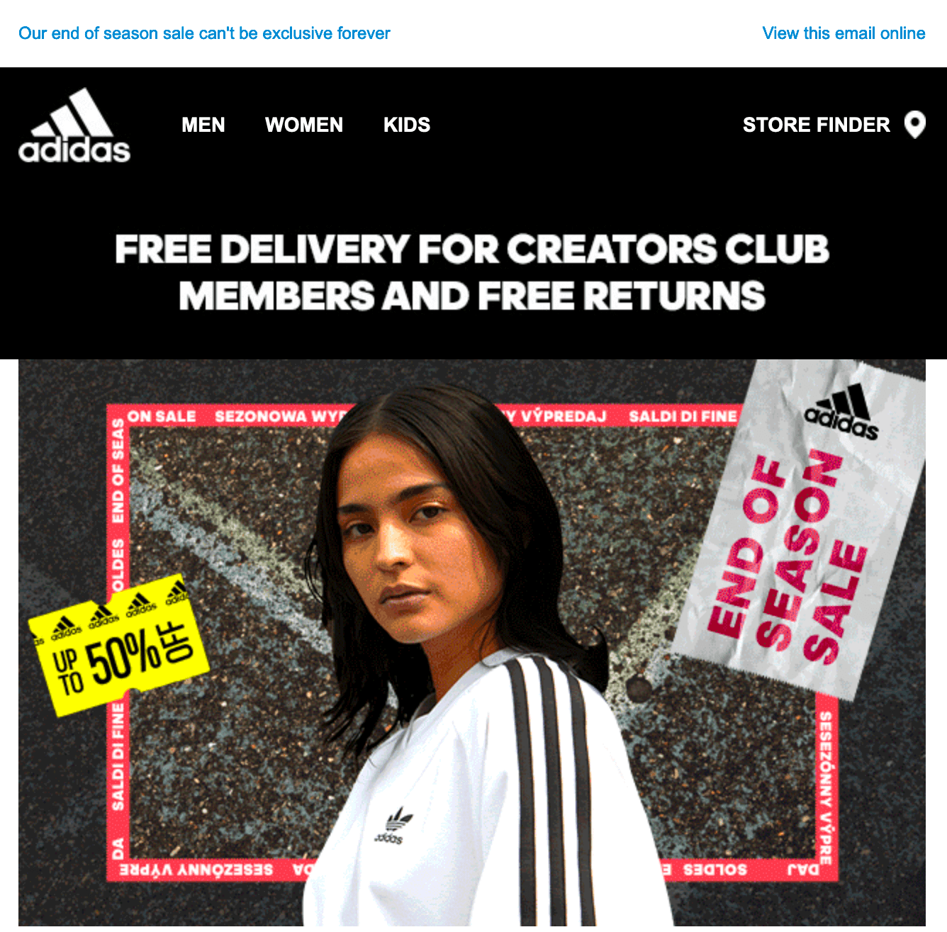 Image of an Adidas email promoting free delivery and returns for their Creators Club members. 