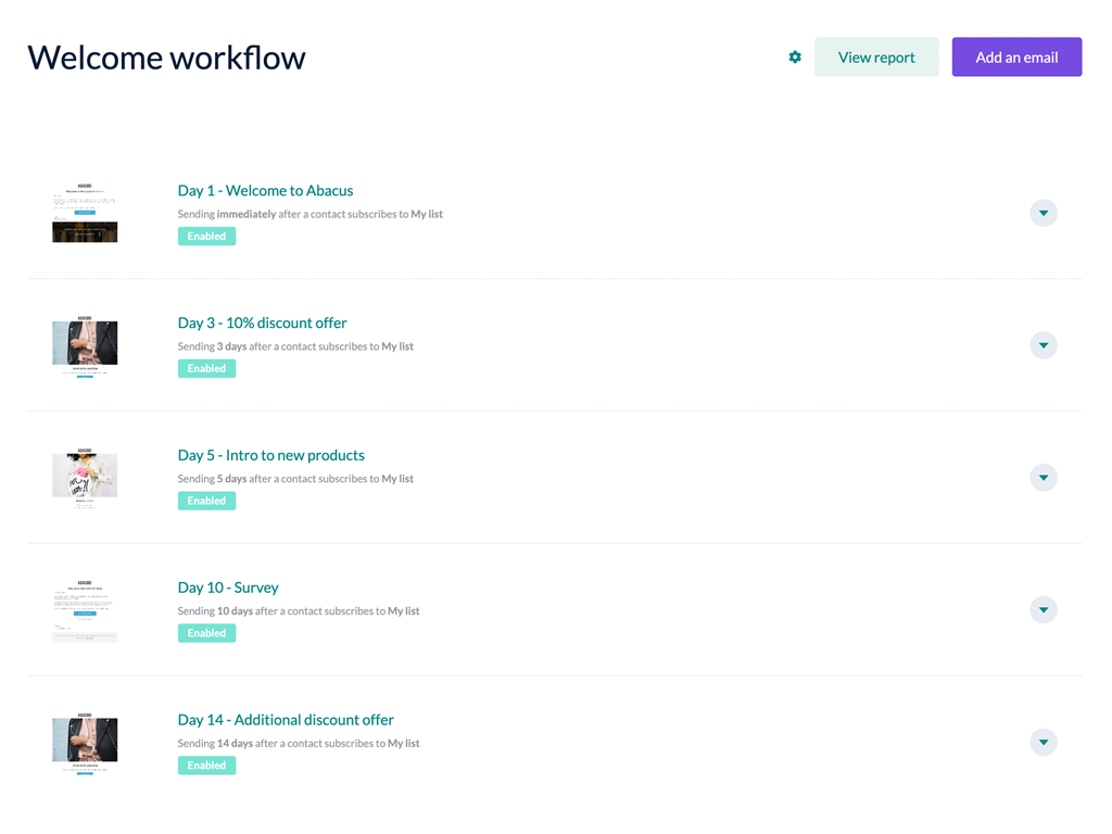 Screenshot of an automated welcome email sequence set up in EmailOctopus