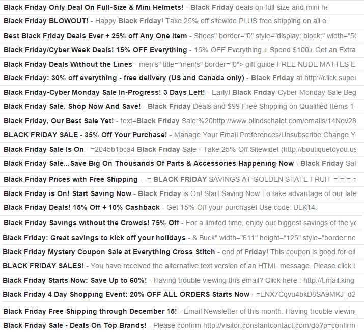 Screenshot of Black Friday emails and their subject lines looking near identical