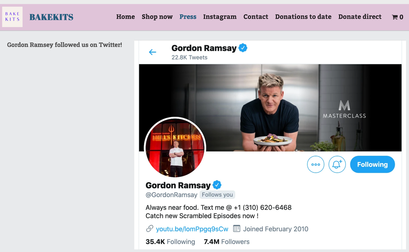 Image from BakeKits' website, promoting Gordon Ramsey following them on Twitter.