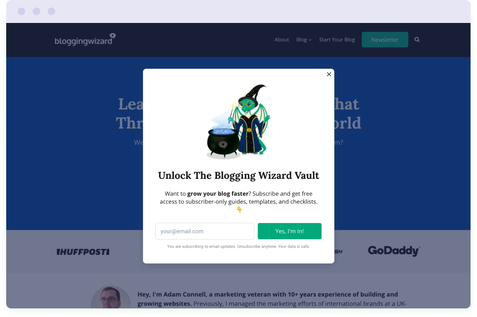 Example of a pop-up form used to collect email addresses on the Blogging Wizard affiliate site