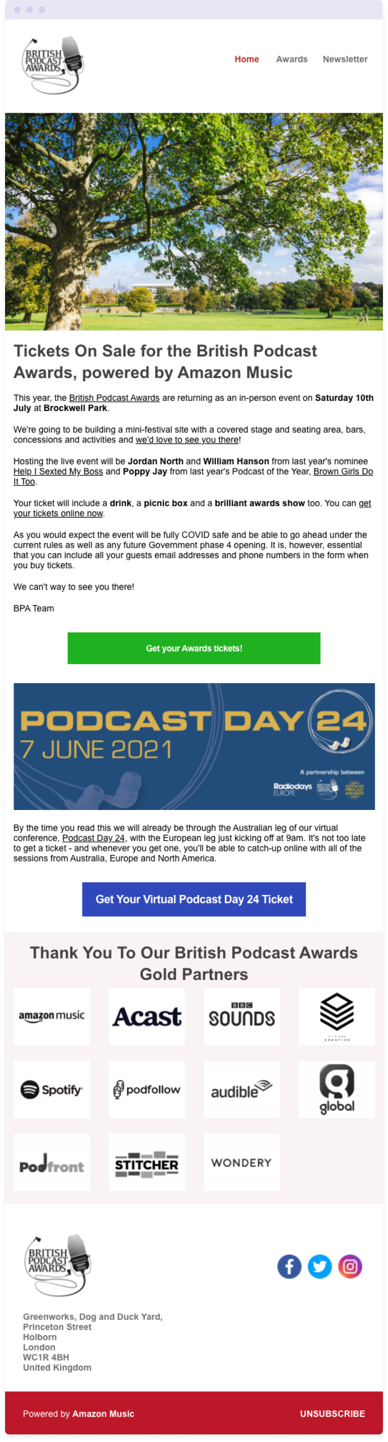 Example of an event invitation email from the British Podcast Awards – one type of email you might send subscribers when you