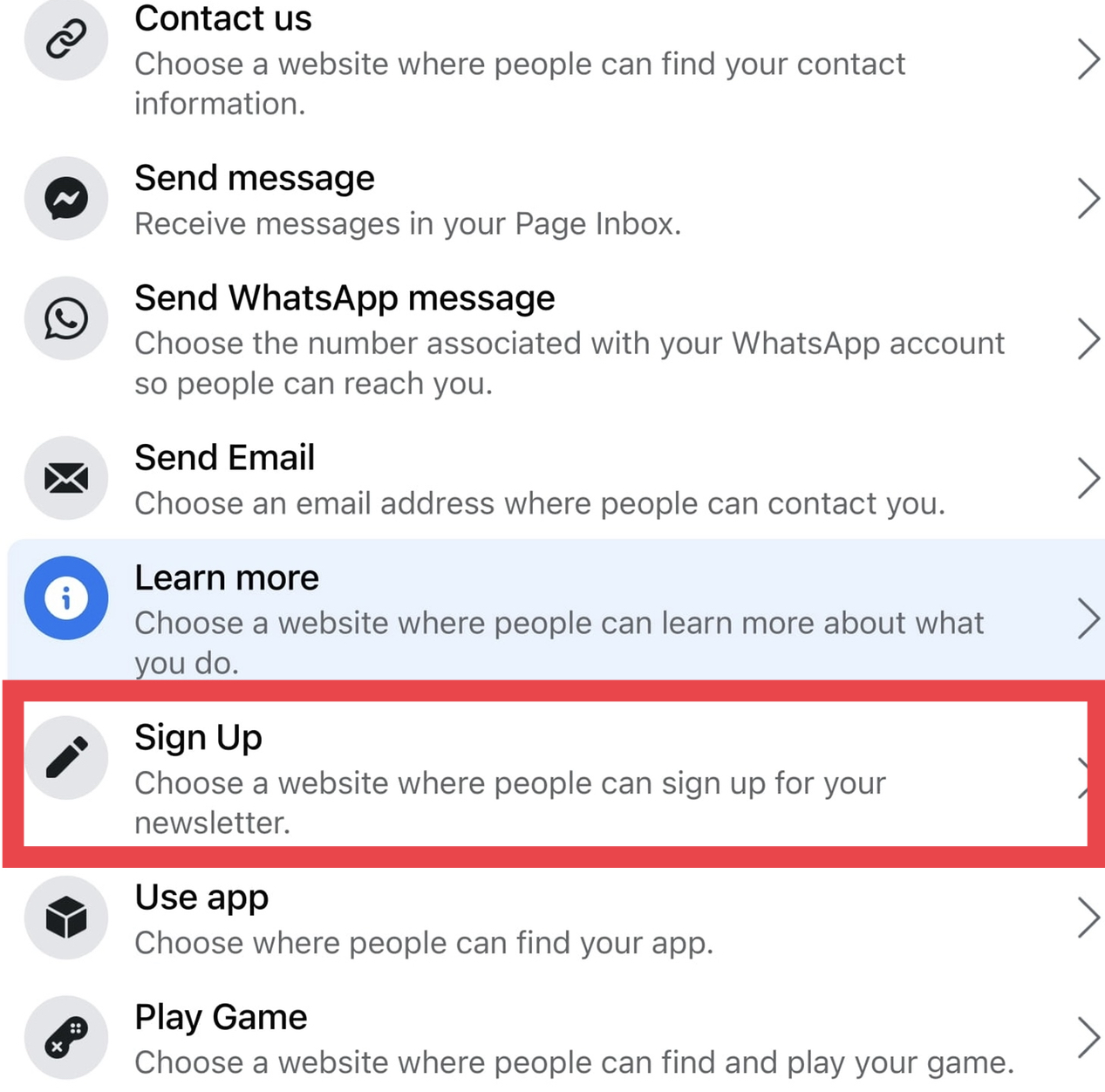 Choice of CTA buttons available on Facebook