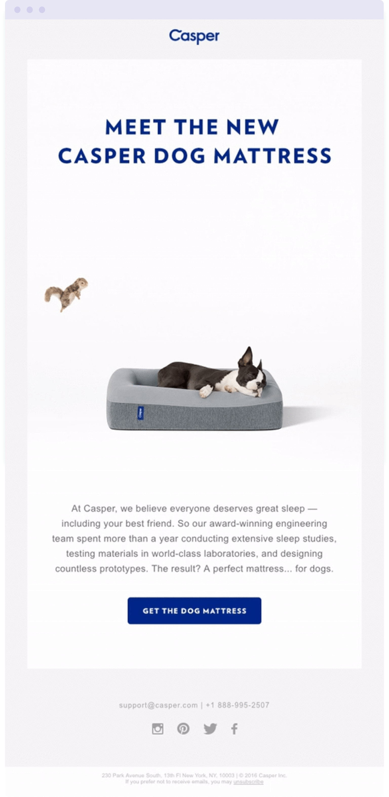 Example of a single prominent CTA button in an email from mattress company Casper