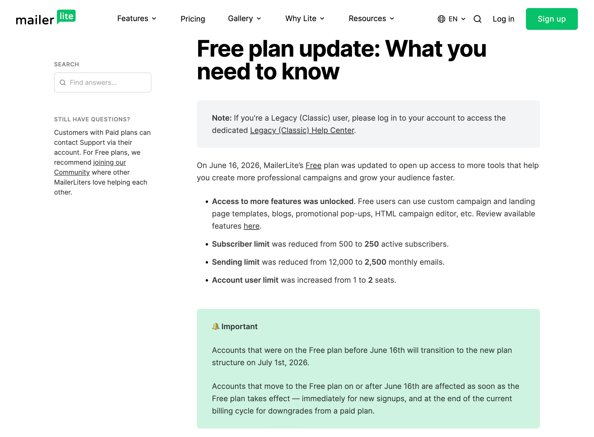 MailerLite free plan update