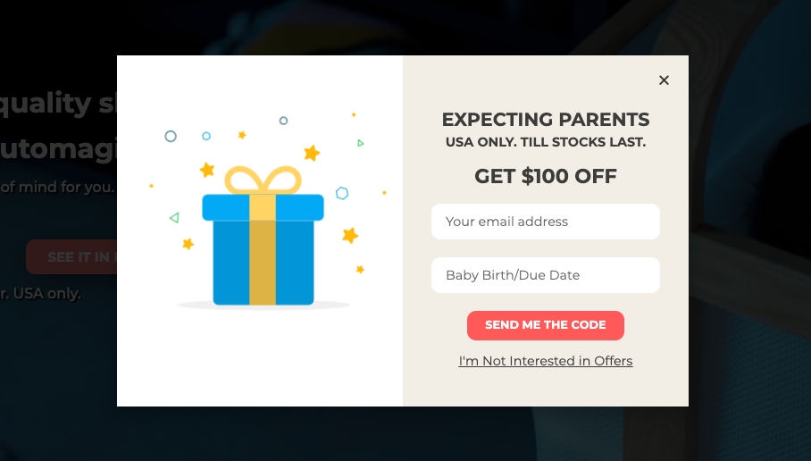 Example of a discount used to attract subscribers on the Cradlewise website