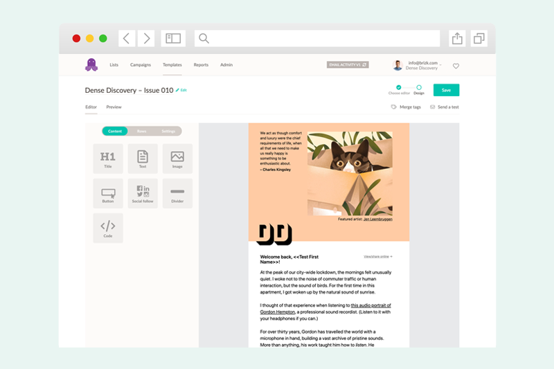 Screenshot of the Dense Discovery newsletter in the EmailOctopus email editor