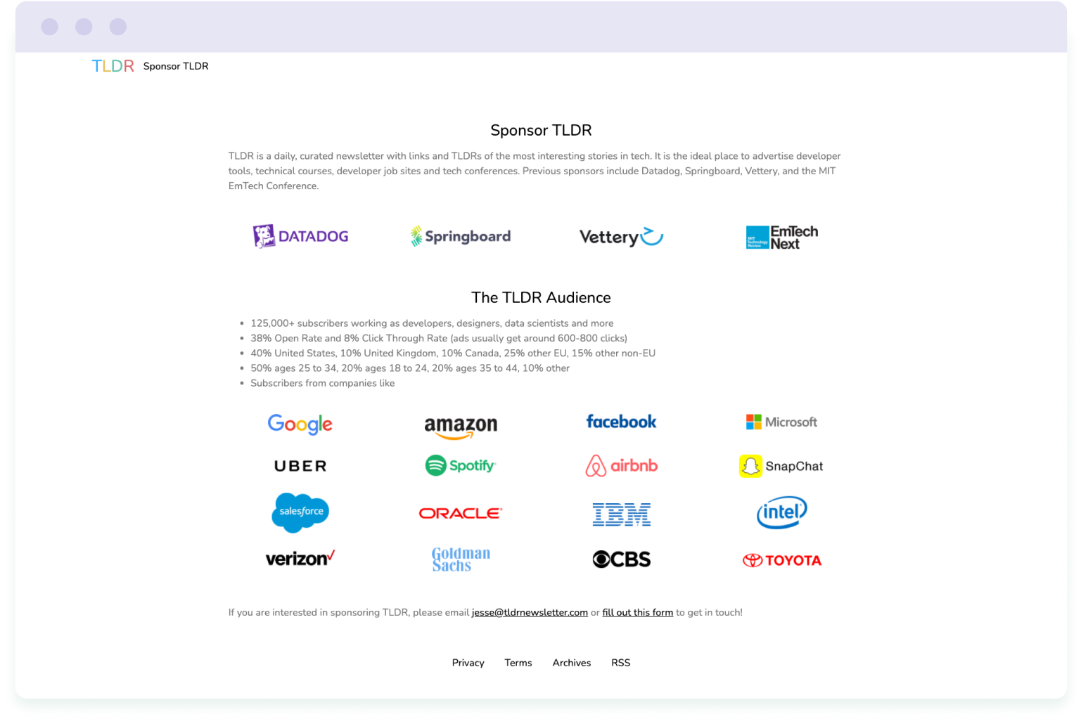 An example of a sponsor page for the TLDR newsletter