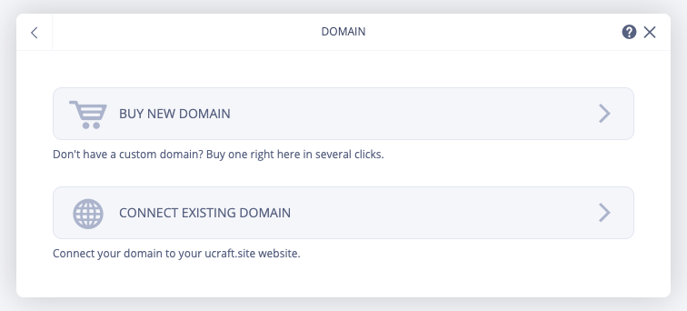 Screenshot of the custom domain options available in Ucraft