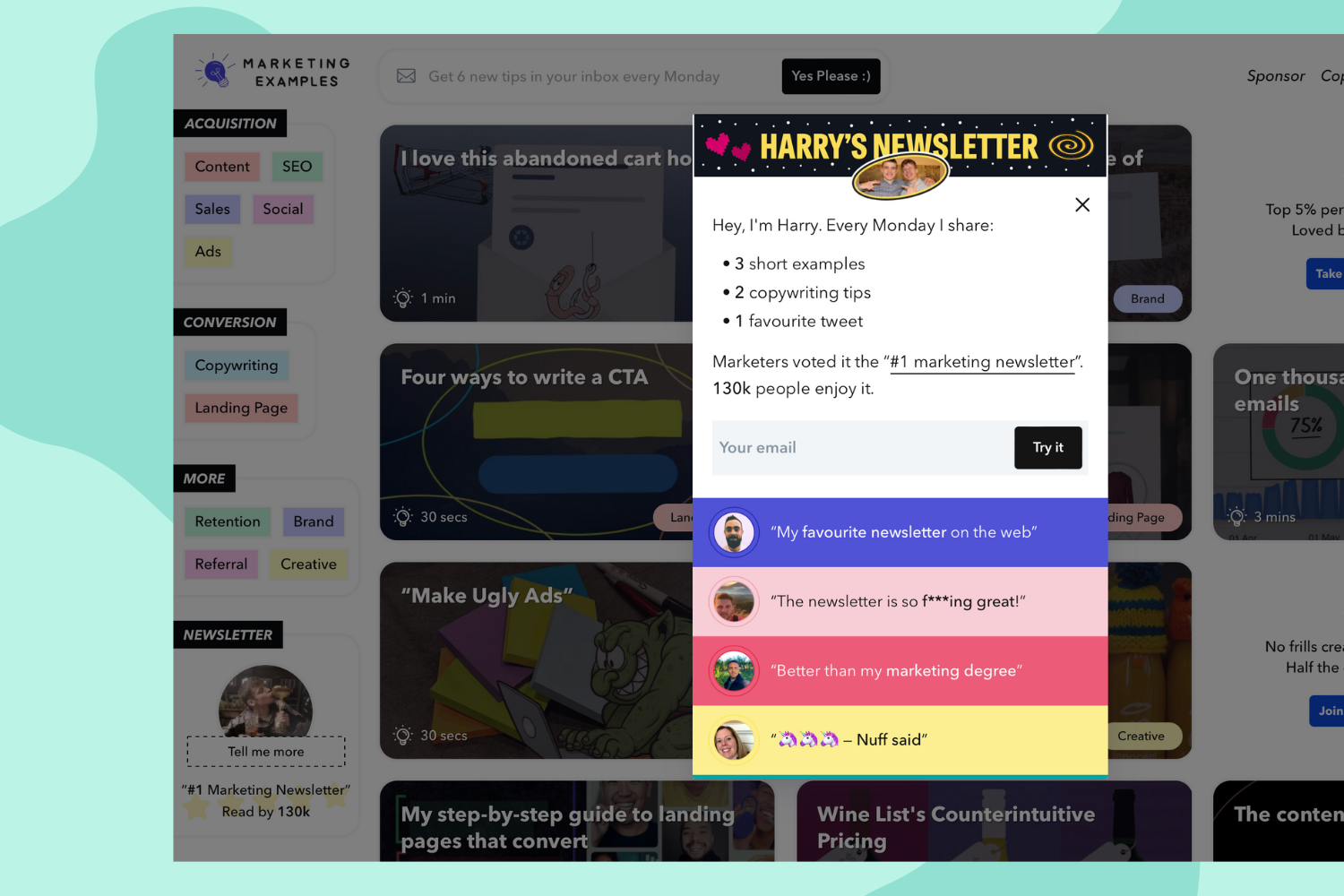 Email subscription pop-up on MarketingExamples.com