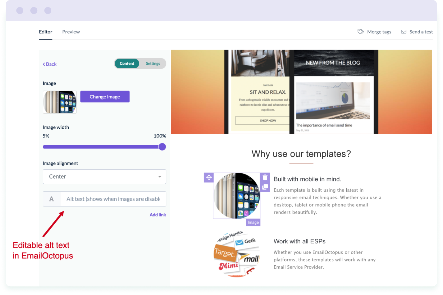 Image showing the email editor in EmailOctopus where you can edit the alt text for images in your marketing campaigns