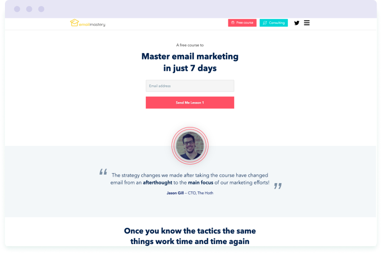 Screenshot of the Email Mastery email course landing page