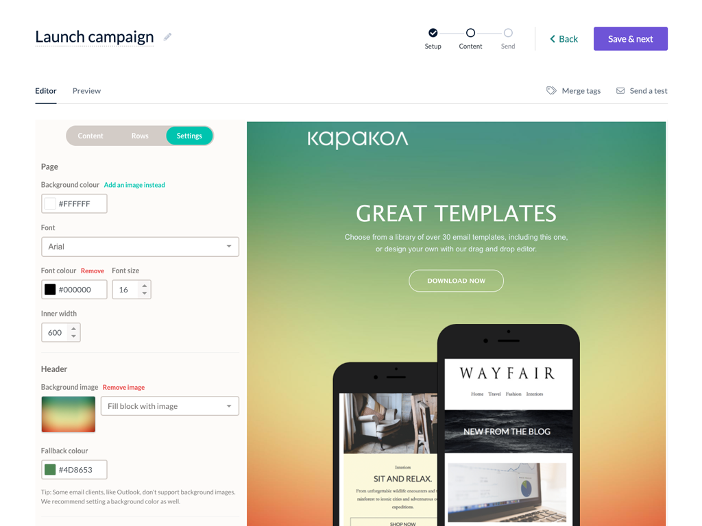 Screenshot of the email editor and a free customisable template available in EmailOctopus