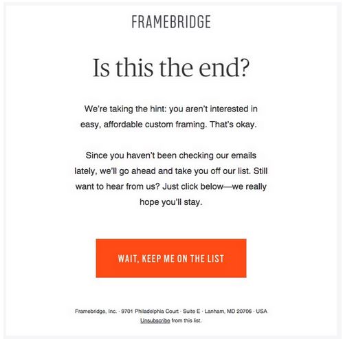 Example of a final warning email in a re-engagement campaign from Framebridge