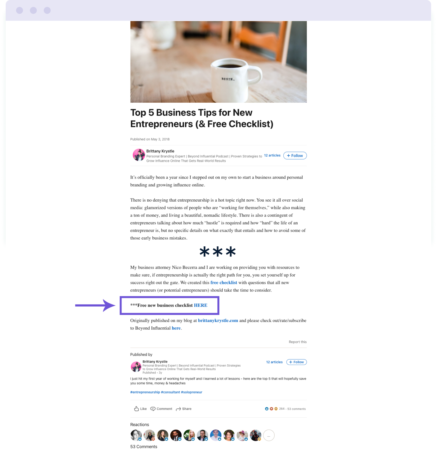 Example of a LinkedIn article used to promote a lead magnet – this is one tactic you can use to build an email list without a website