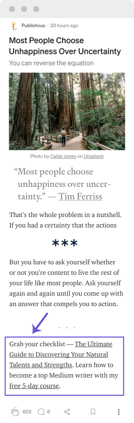 Example of a Medium article with a link to a lead magnet – a good tactic for growing your email list without a website