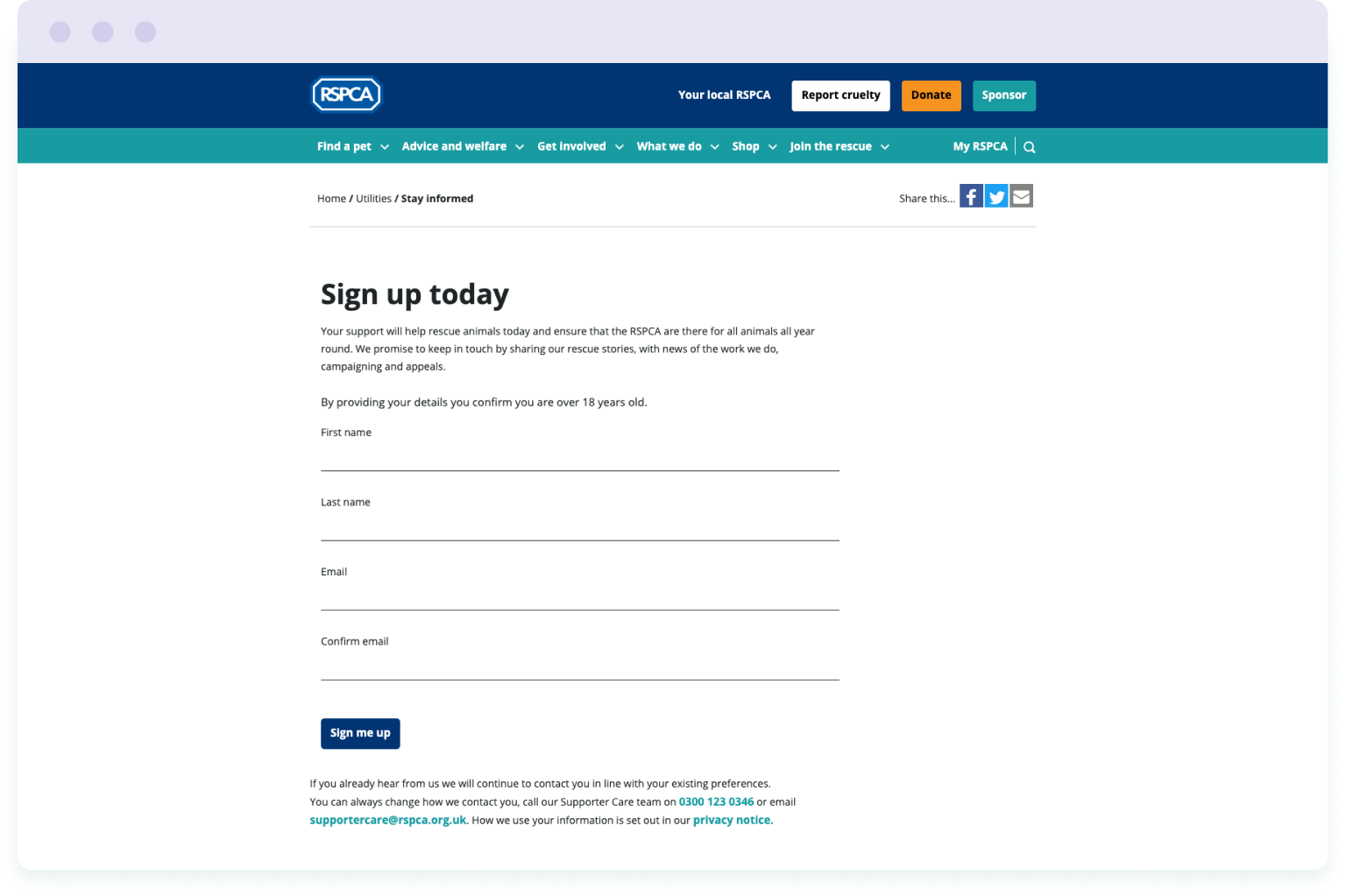 Screenshot of the dedicated sign-up page on the RSPCA website used to grow their mailing list