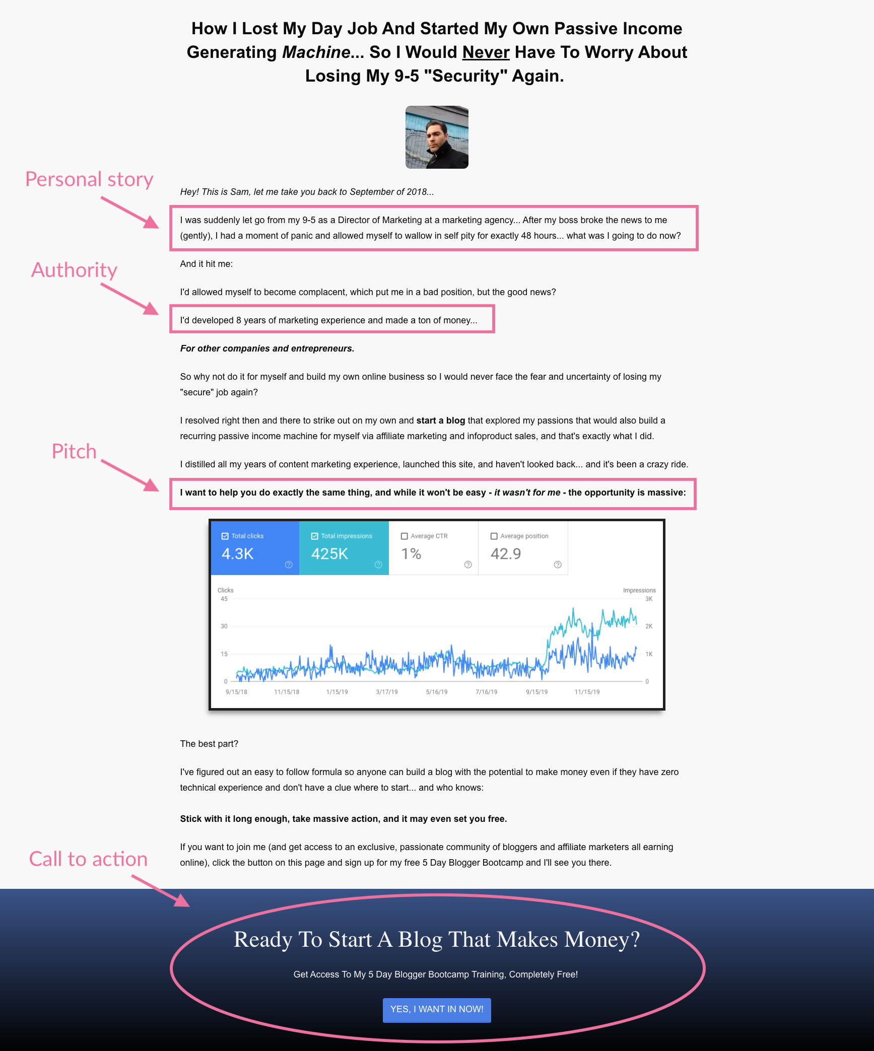 Example of a personal soap opera told by blogger Sam Rexford in his email marketing