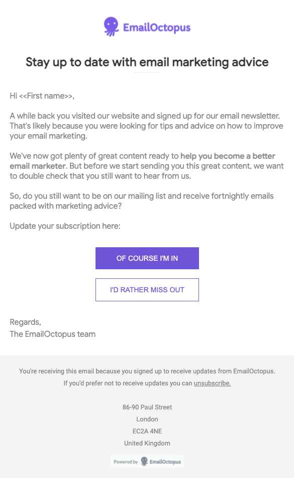 Example of a reconfirmation email that can be sent to contacts on a stale email list