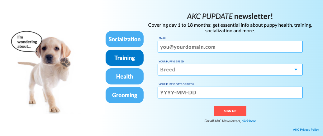 Screenshot of the mailing list opt-in form used on the American Kennel Club website