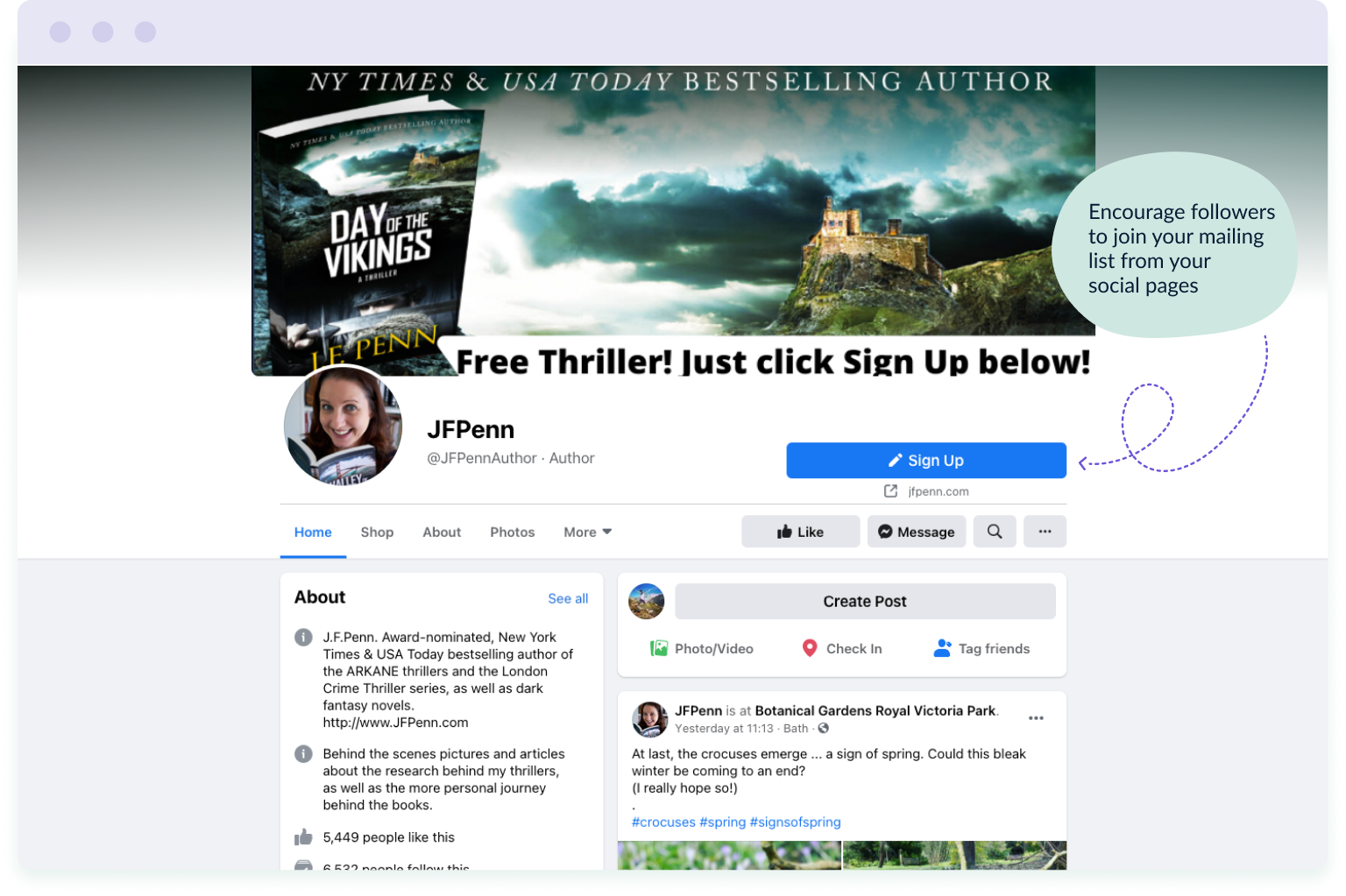 Example of an author driving traffic to her mailing list from her social media pages