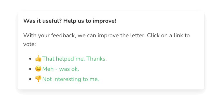 Example of a FeedLetter survey widget designed to collect feedback and encourage clicks