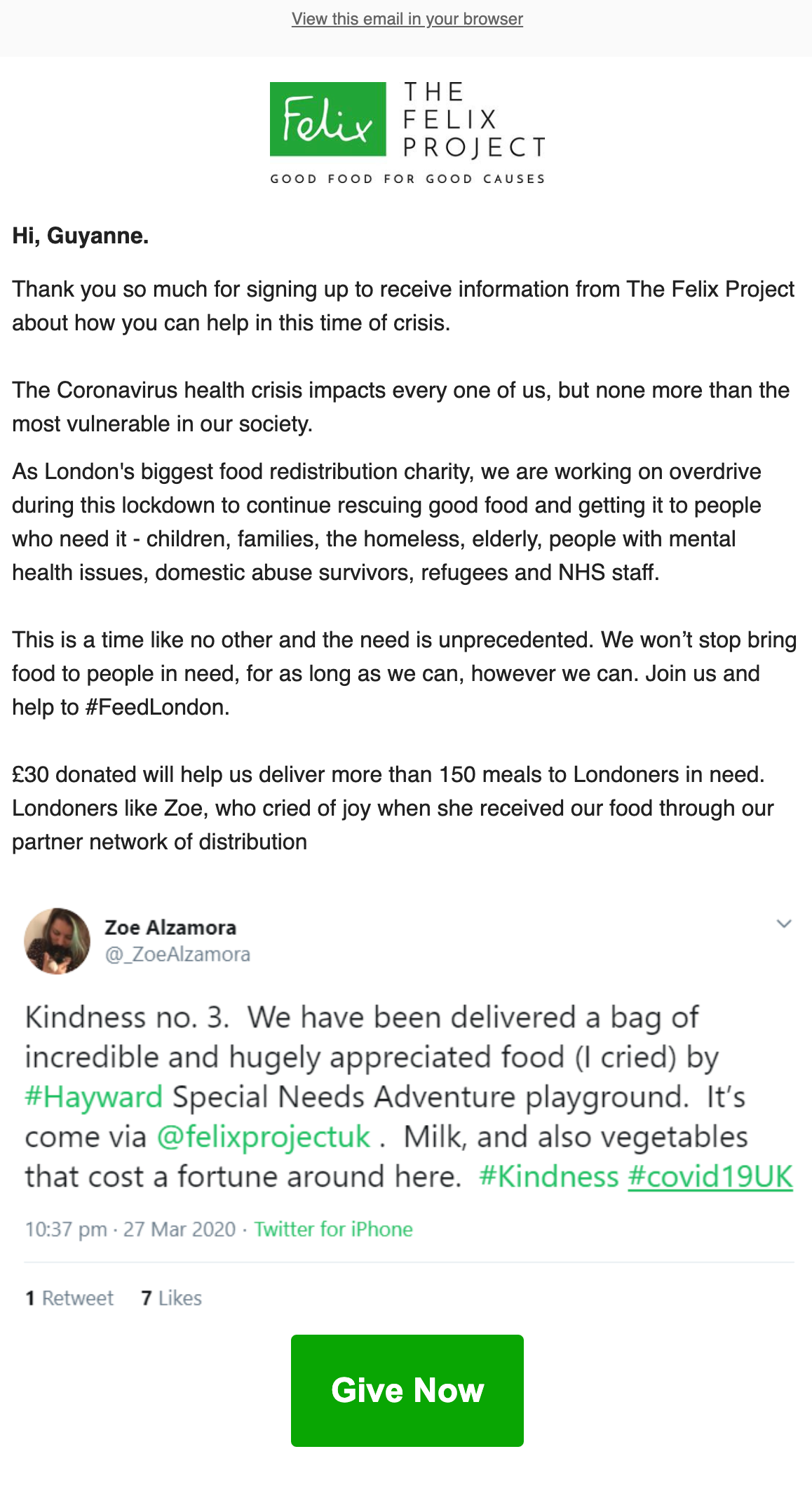 The first half of the welcome email sent by The Felix Project. As the biggest food redistribution nonprofit in London, they describe the number of different people they have helped during the health crisis. 