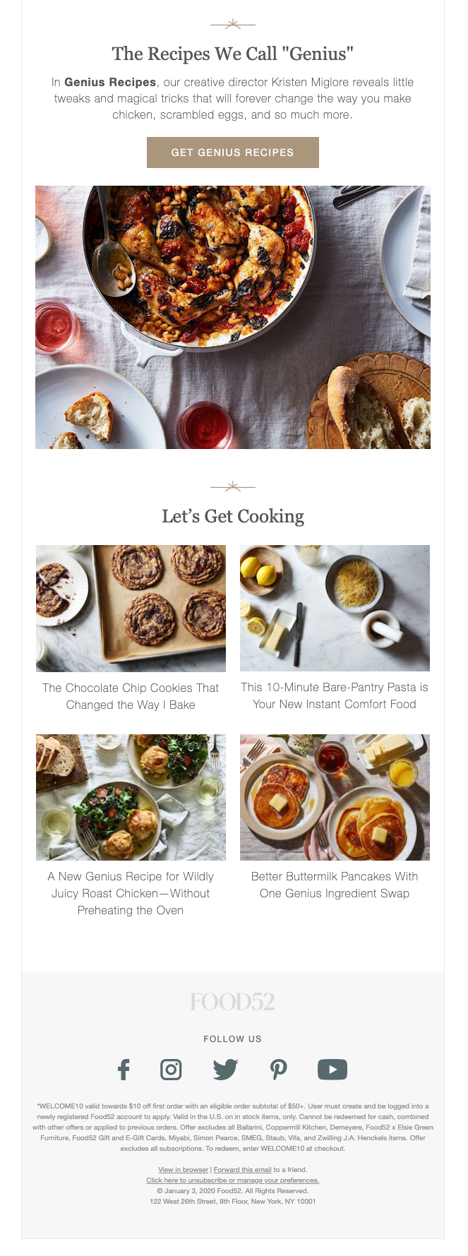 Second half of welcome email from food blog and ecommerce website Food52