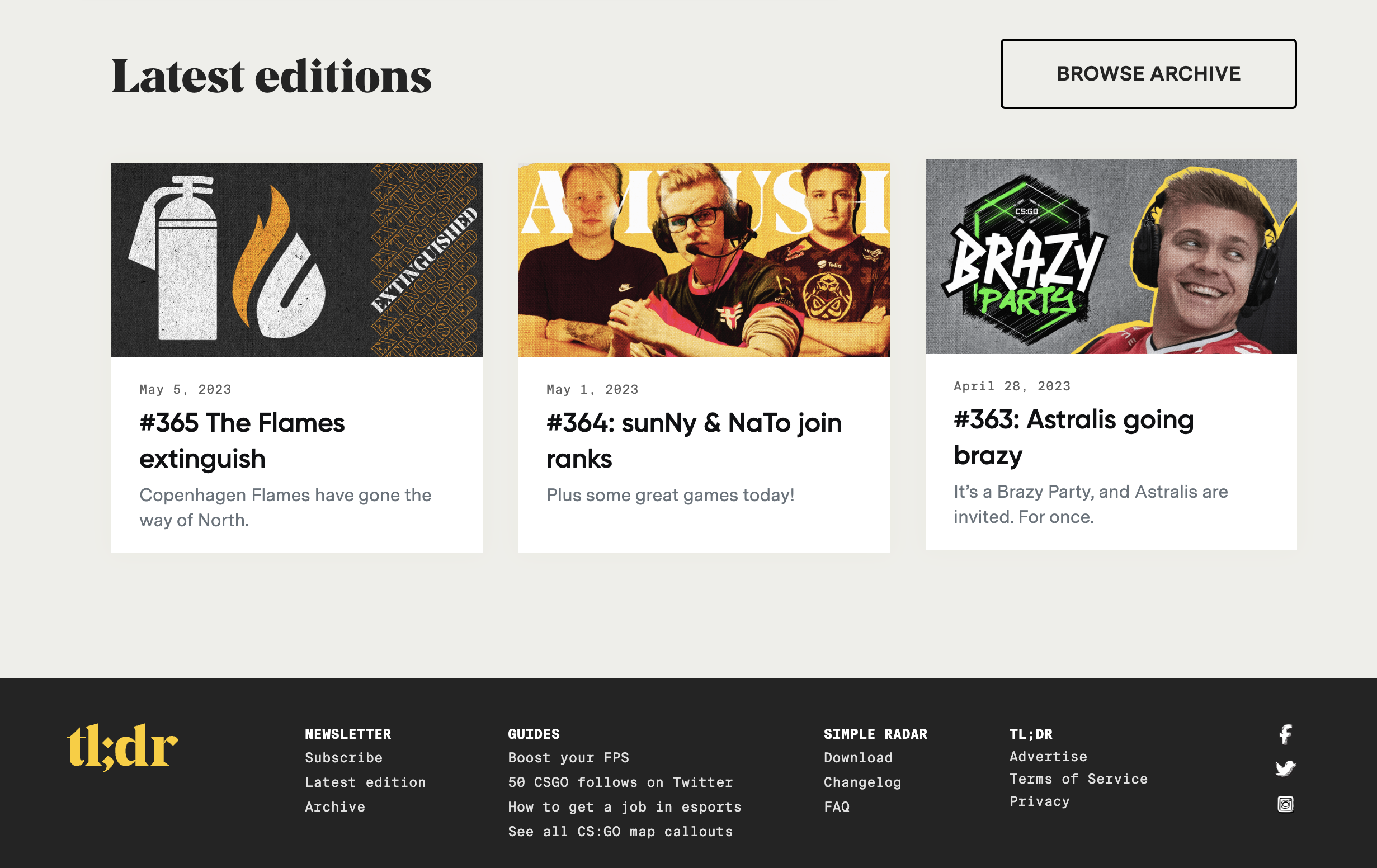 TLDR, a newsletter for short news updates their page regularly by adding past newsletter issues