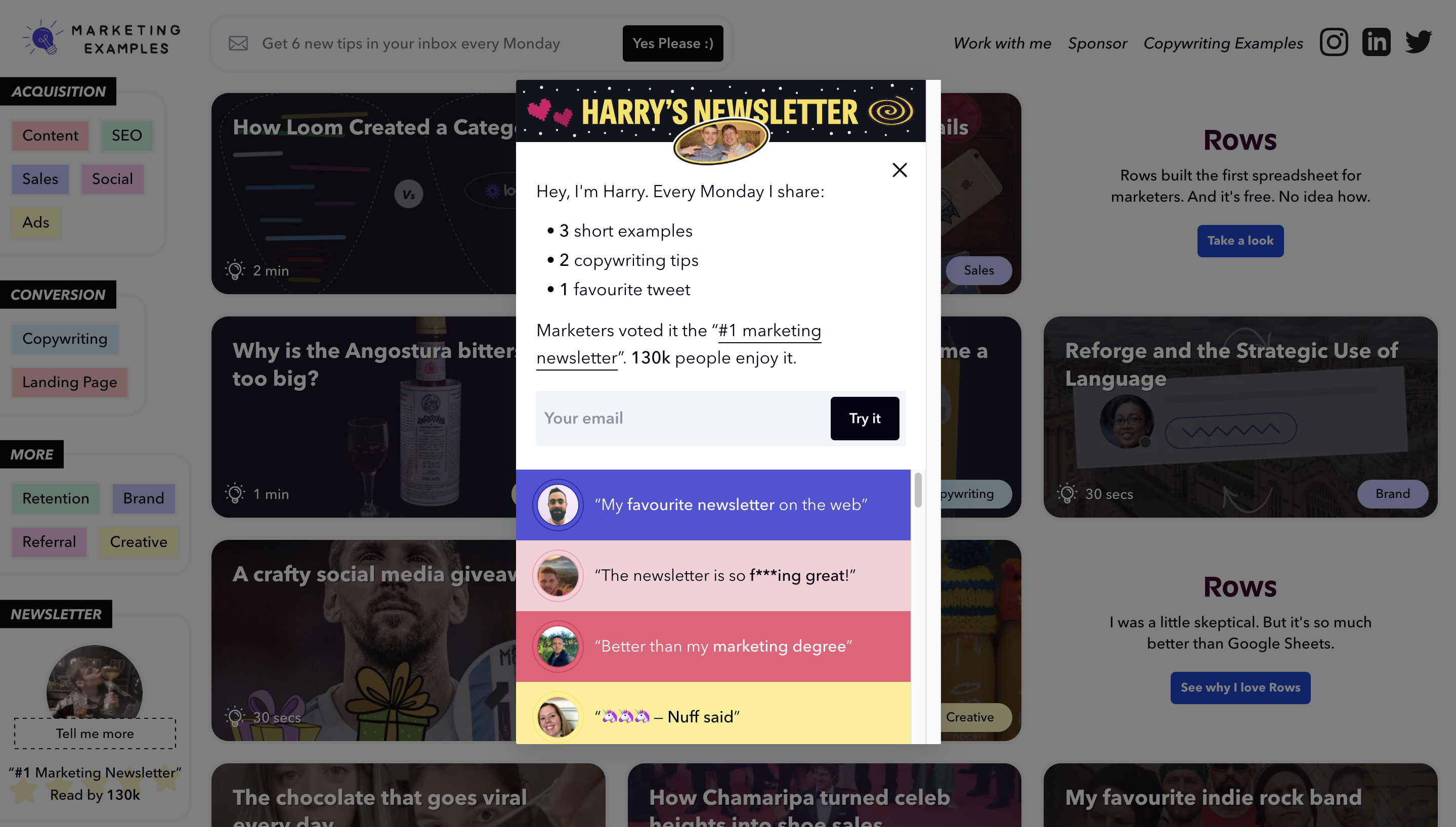 Marketing Examples pop-up