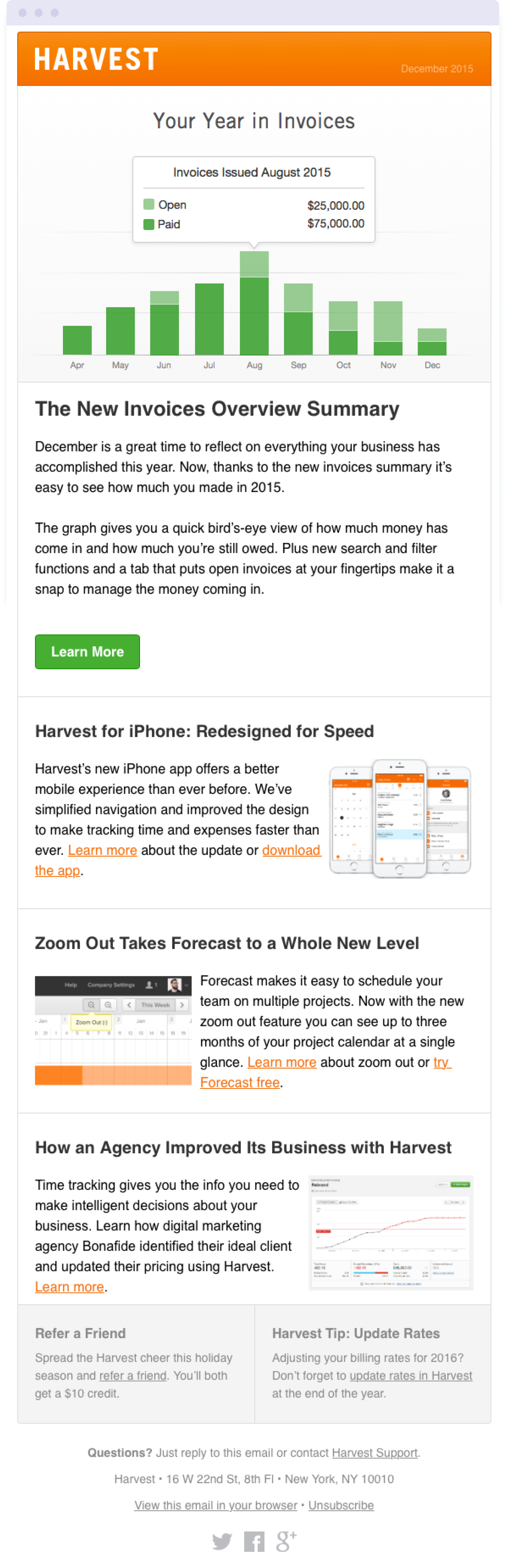 Example of an email using charts and graphs to illustrate data