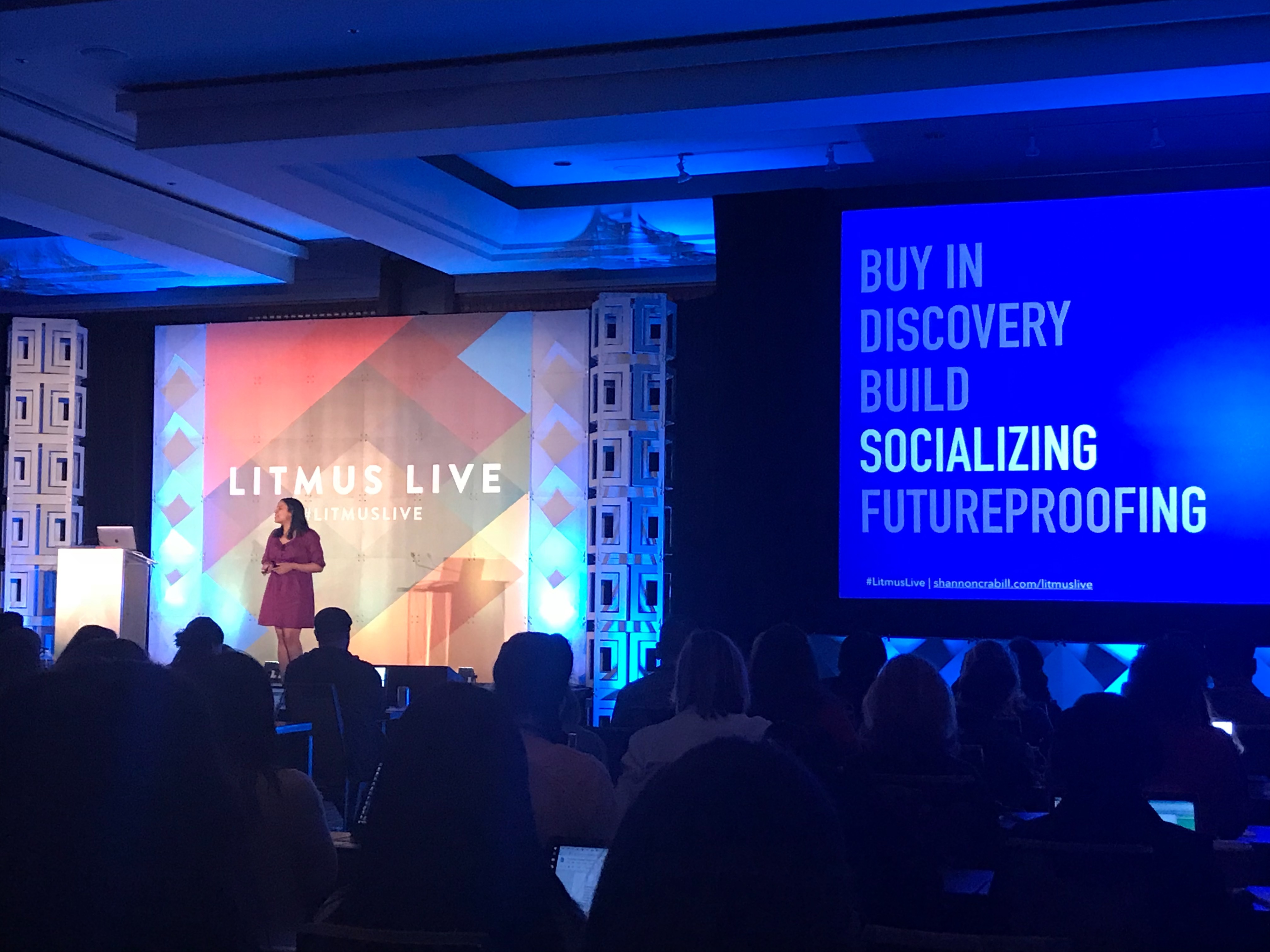 Picture of Shannon Crabill presenting at a Litmus Live event in 2018. 