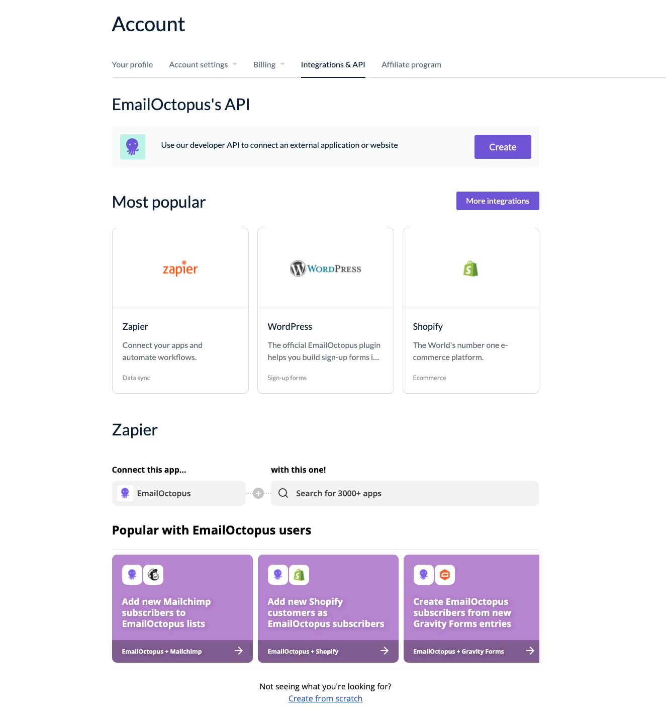 Screenshot of the integrations available in your EmailOctopus account